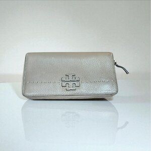 Tory Burch Mcgraw Continental Full Zip Around Genuine Leather Travel Wallet Gray